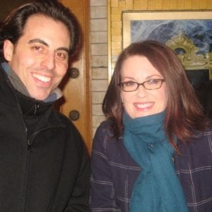 Rob Magnotti, (Comedian Impressionist Actor) meeting Actress, Megan Mullally (actress, comedian and singer) after her performance in Young Frankenstein on Broadway