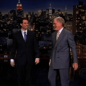 Rob Magnotti (Comedian Impressionist Actor) performing on the Late Show with David Letterman, CBS Television, with David Letterman (Television Host, Comedian, Writer, and Producer )