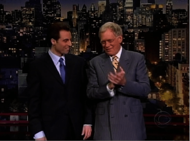 Rob Magnotti (Comedian Impressionist Actor) performing on the Late Show with David Letterman, CBS Television, with David Letterman (Television Host, Comedian, Writer, and Producer )