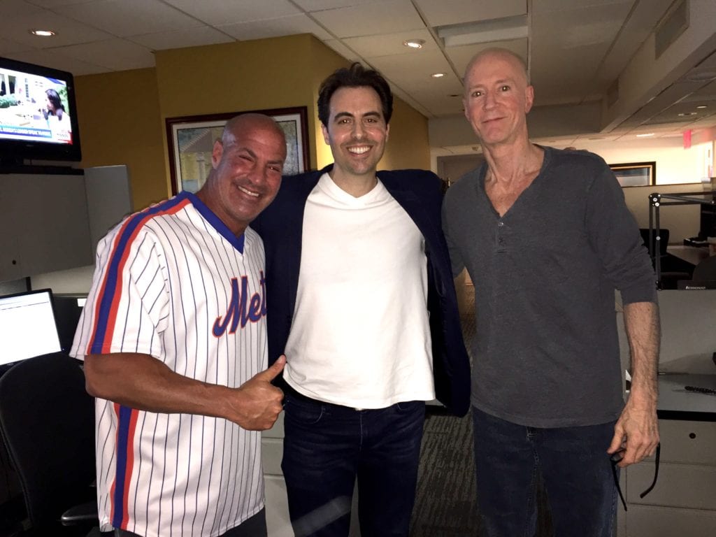 Rob Magnotti Comedian Impressionist Actor with Sid Rosenberg (Left) and Bernard McGuirk (Right) on the Bernie and Sid Show at 77WABC Radio headquarters in New York City