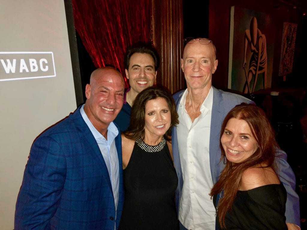 Rob Magnotti Comedian Impressionist Actor post show with Sid Rosenberg, Leslie Slender (Vice President Brand Partnerships & Events at Cumulus Media), Bernard McGuirk, and fan at the 77 WABC Radio's Bernie and Sid's Night of Comedy at The Cutting Room NYC New York City