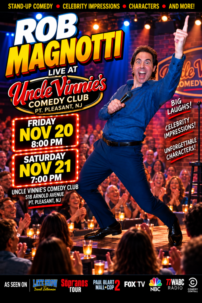 Rob Magnotti live at Uncle Vinnie's Comedy Club in Point Pleasant, NJ, November 20 at 8 PM and November 21 at 7 PM, 2026.